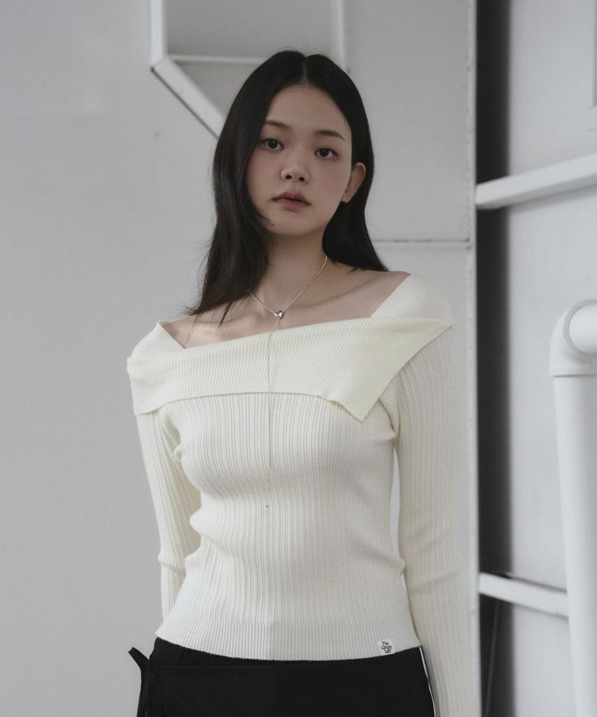 THE GREEN LAB Off-Shoulder Slim Ribbed Knit [Black]