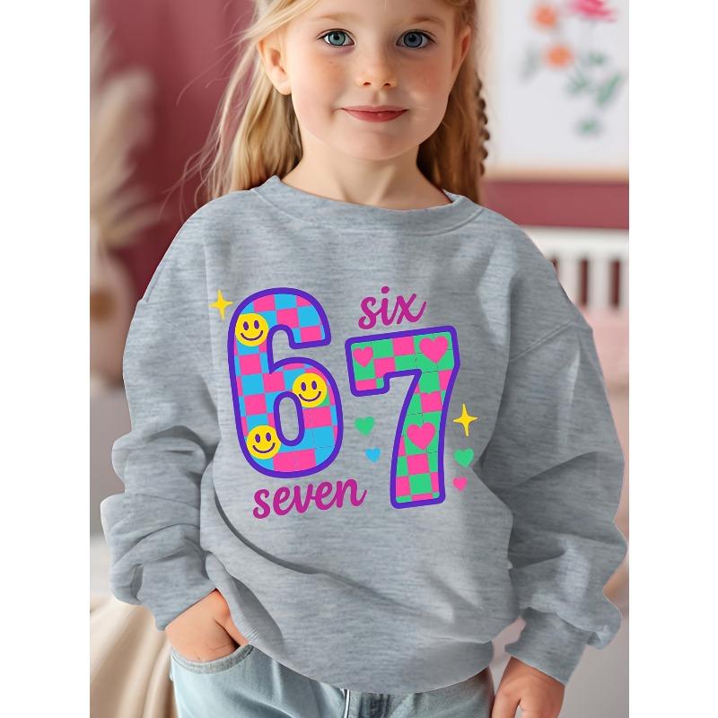 Unisex Kids Crewneck Sweatshirt For Over 4 Years Old Boys Girls Retro Checker Smile Heart Number 67 SIX SEVEN Birthday Graphic Soft For 4-12 Children