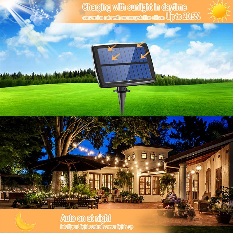 Solar LED S14 String Lights - Choose 12, 15, or 20 Lights - Fine Wire, Flat Head Plastic Bulbs, Outdoor Waterproof Decoration.