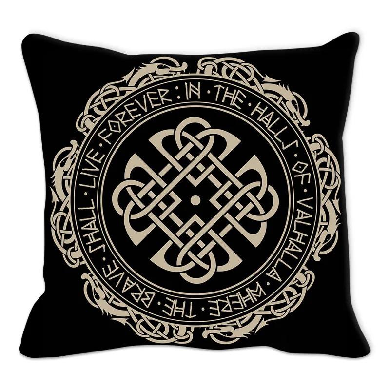 Viking Runes Compass Cushion Cover Peach Skin Norse Mythology Throw Pillowcase Black Celtic Knot Sofa Living Room Home Decor