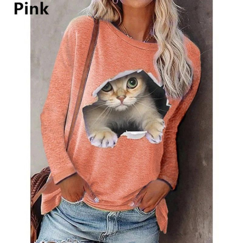 Autumn Winter Fashion Women's Round Neck Pullover Cat Long Sleeved T-shirt