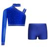 Girls Dance Performance Top Sparkly Rhinestone Irregular Shoulder Crop Top V Front Waistband Shorts