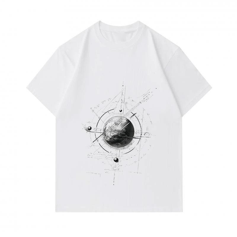 Men's 100% Cotton Crew Neck Short Sleeve T-shirt, Abstract Geometric Tech Globe Print Casual Comfortable Tee for Daily Street Wear, Soft Breathable Re