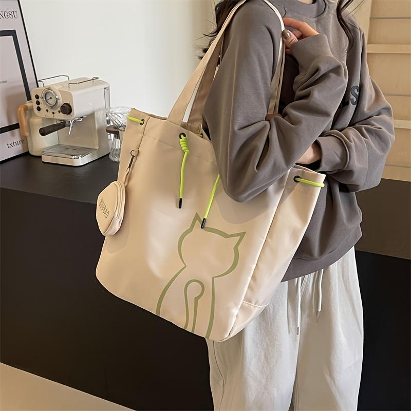 

Large Capacity Nylon Tote Bag for Women Vibrant Orange with Cartoon Cat Design, Drawstring Closure, Includes Matching Pouch, Ideal for Commuting покинуть белый