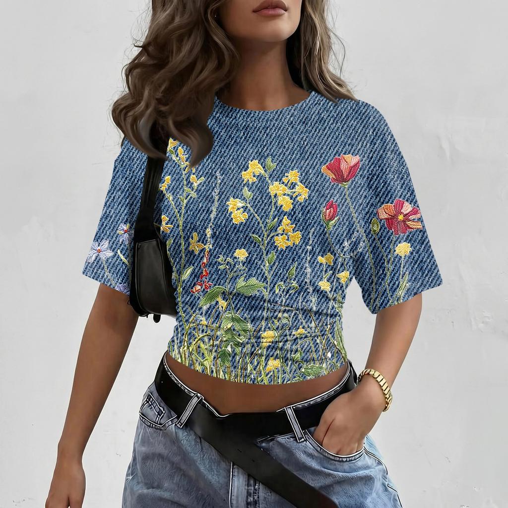 Women's Crew Neck Pullover Short Sleeve T-Shirt Floral Print Loose Fit Casual Top for Everyday Wear