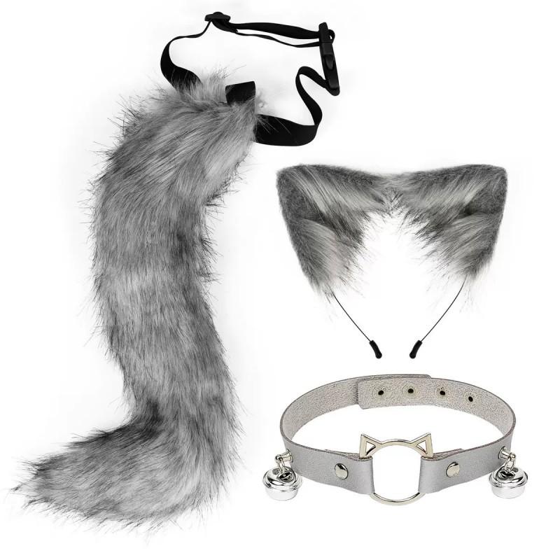 Cosplay Furry Ear Headband Tail Set With Bell Collar Anime Fans Adult Costume Accessories