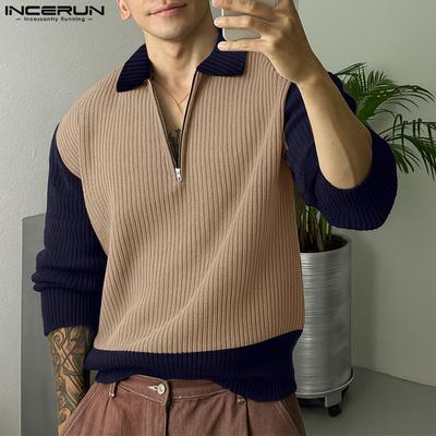 Men Lapel Neck Long Sleeve Stitching Rib Knitted Pullovers Tops