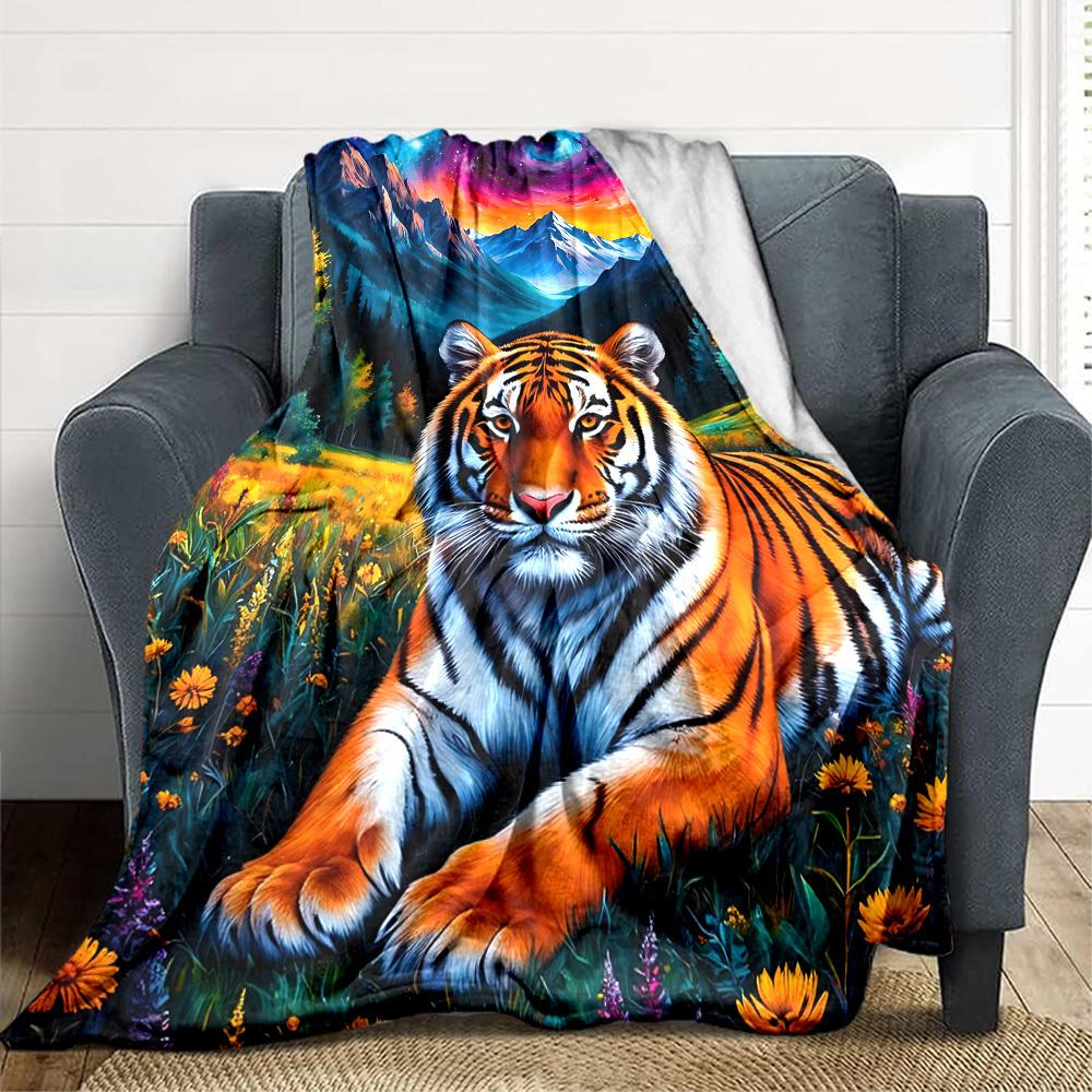 1pc Tiger Fantasy Landscape Blanket Lightweight Flannel Blanket Throw Blanket For Sofa, Bed, Travel, Camping, Livingroom, Office, Couch, Chair, And Be