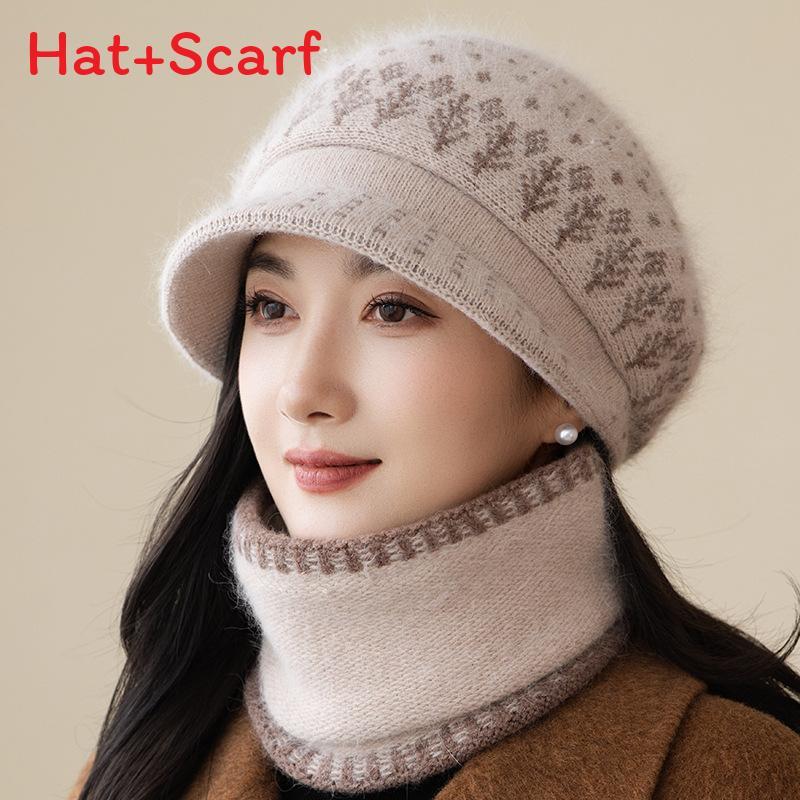 Knitted Winter Hat With Wide Brim And Neck Warmer For Middleaged Women бежевый