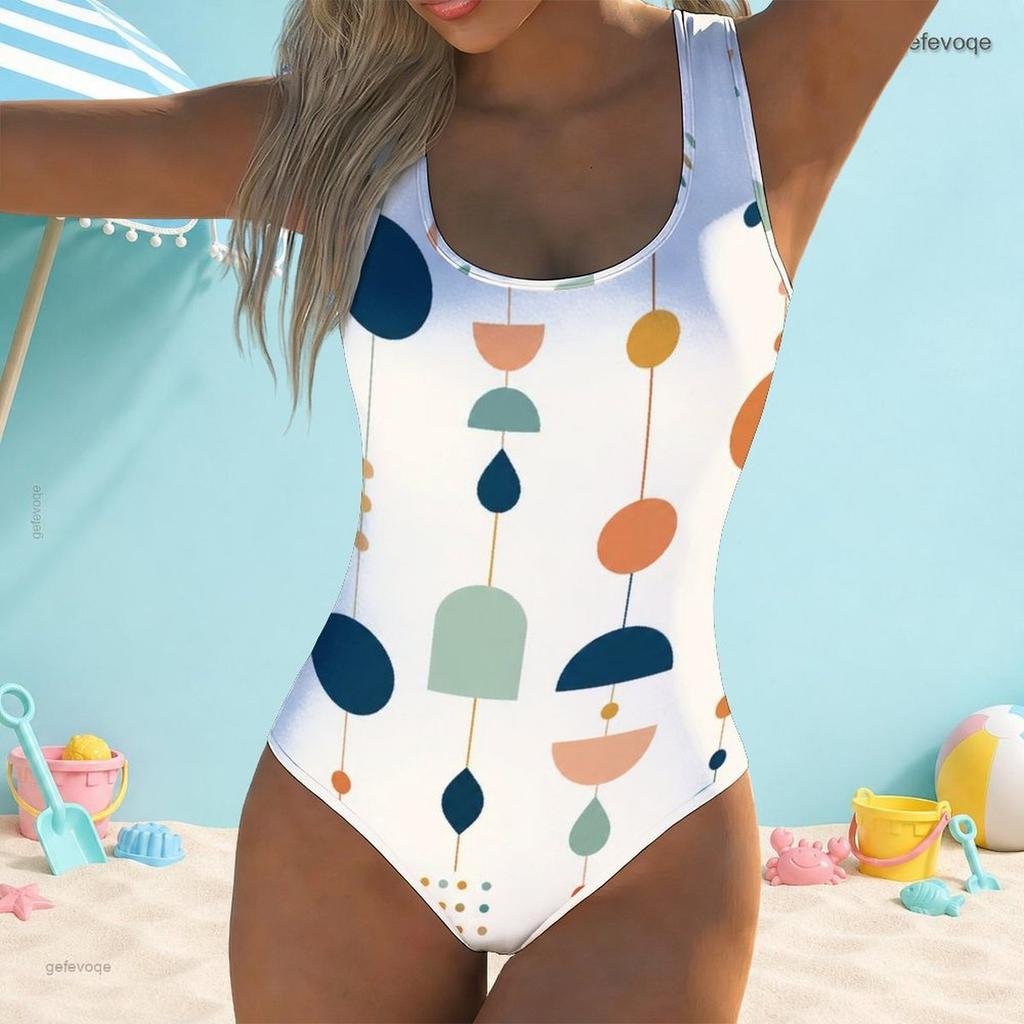 Women Plus Size White Printed Scoop Neck Wide Straps High Cut One Piece Swimsuit
