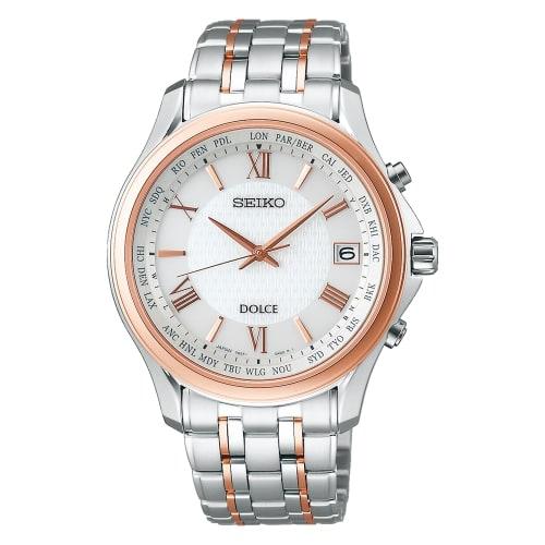 Seiko Watch Dolce Solar Radio-Controlled Titanium Model SADZ202 with Platinum Diamond Shield, White Dial, Curved Sapphire Crystal, Men's Silver