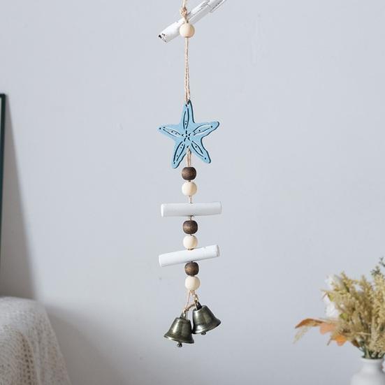 Beach Ocean Starfish Hanging Decoration with Bell Farmhouse Rustic Wooden Sailboat Shell Ornament Summer Nautical Coastal Wind Chime Pendant