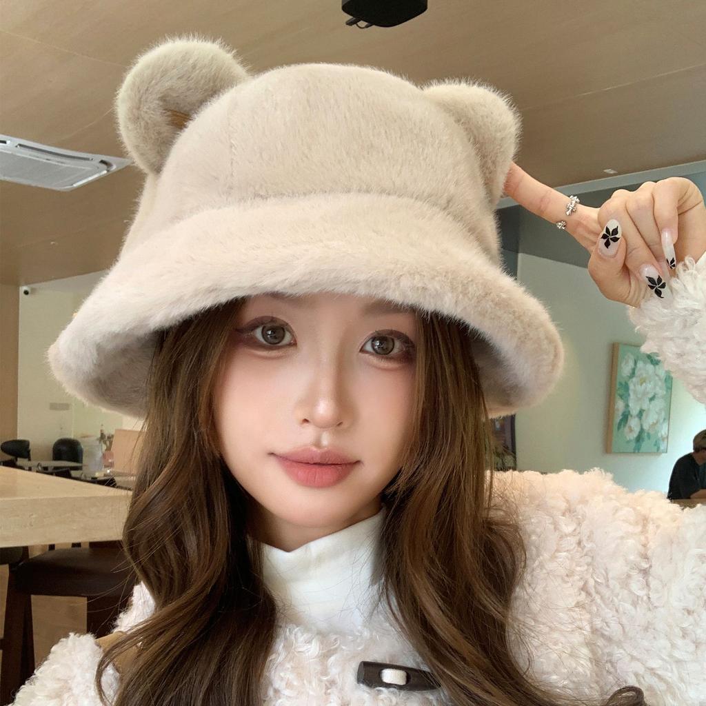 Cute Plush Ears Bucket Hat Women Winter Warm Faux Fur Basin Hat Fashion Casual Outdoor Fisherman Cap