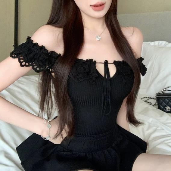 With Chest Pad, One-word Shoulder Lace Hook-up Splicing Short-sleeved Tube Top T-shirt Women's Summer Slim-fitting Waist Tight Pure Desire Top