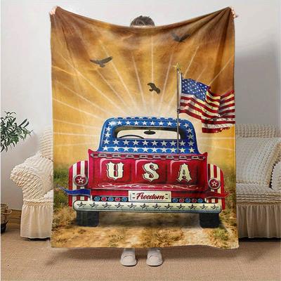 1pc Usa Freedom Truck Flannel Blanket Soft Warm Throw Blanket for Bedroom Living Room Bed Travel Camping Picnic Gift. M07220199