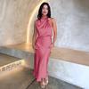 Women Spaghetti Strap Halter Solid Ankel-Length Dress High Collar High Waist