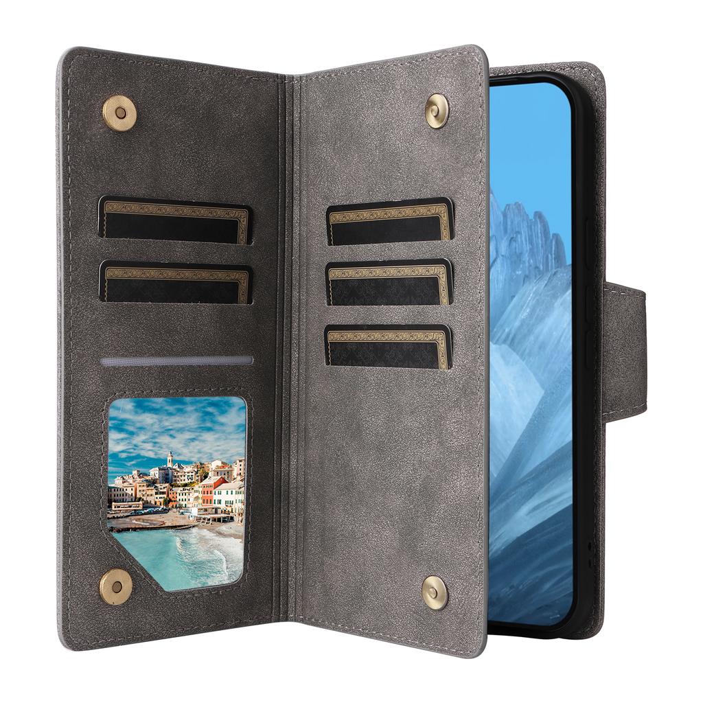Phone Case For Google Pixel 10/10 Pro/9/9 Pro ,Zipper Wallet Rivet Decor Leather Cover with Wrist Strap