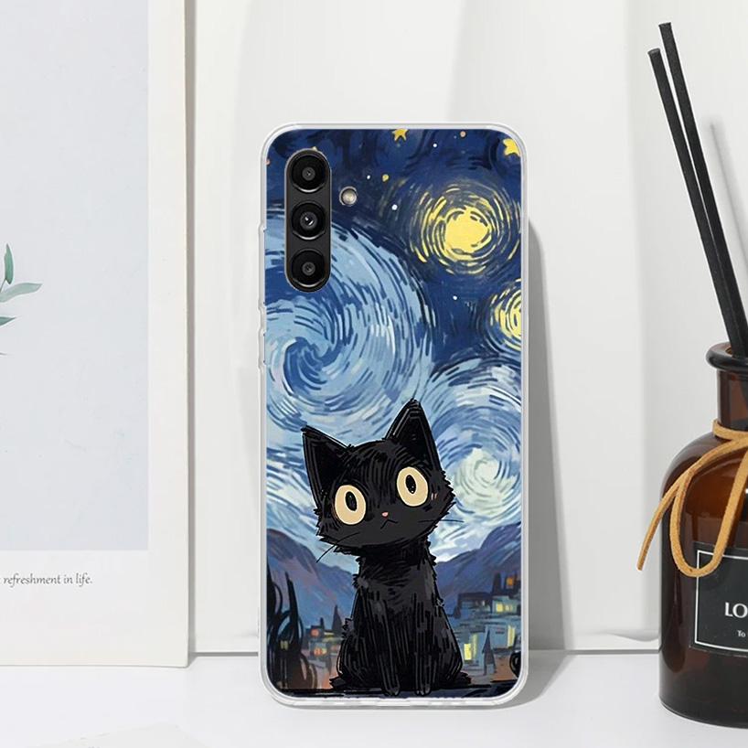 Anime Cute Black Cat Meow Phone Case For Samsung Galaxy A17 A37 A57 A16 A26 A36 A56 A15 A25 A35 A55 A14 A24 A34 A54 A13 A23 A33