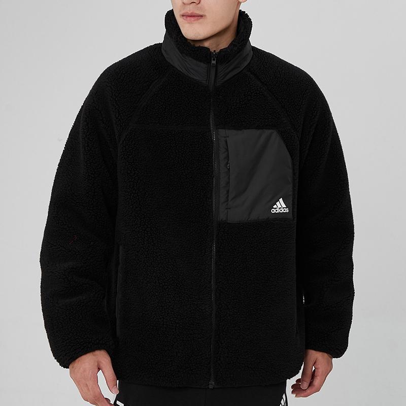 Adidas Logo Print Reversible Stand Collar Cotton Jacket Unisex Jackets Black H20784
