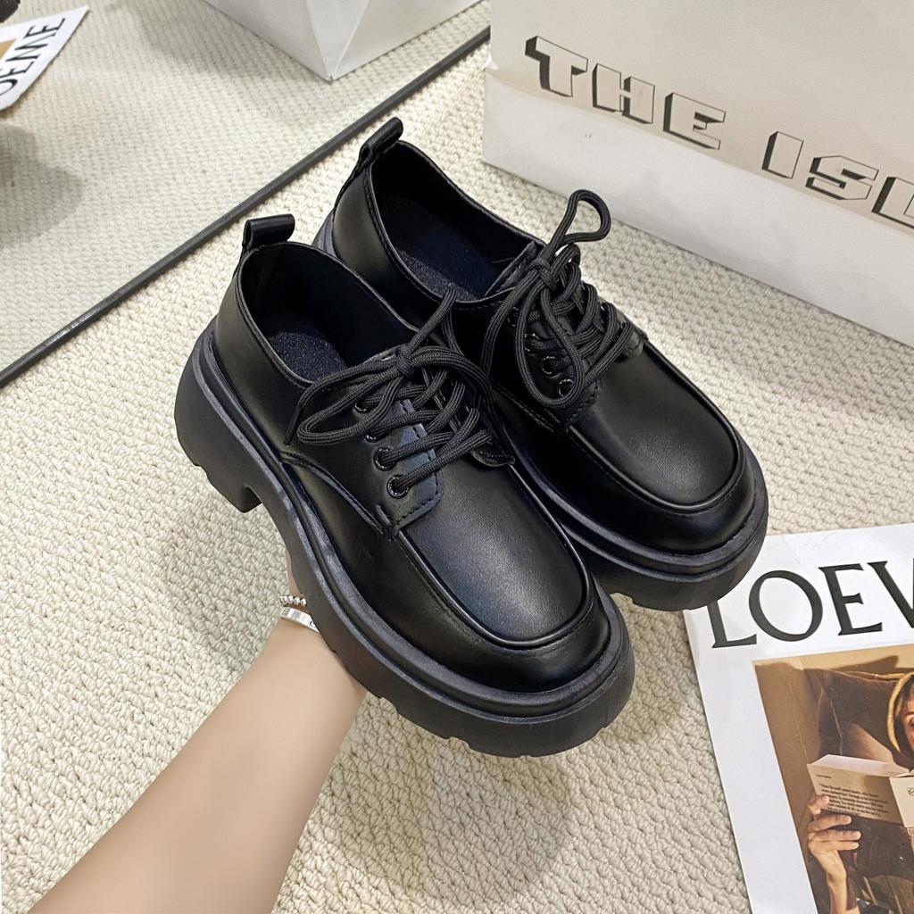 Platform Loafer Small Leather Shoes 2025 Spring New Retro British Style Black Versatile with Skirt Lace-up Small Leather Shoes