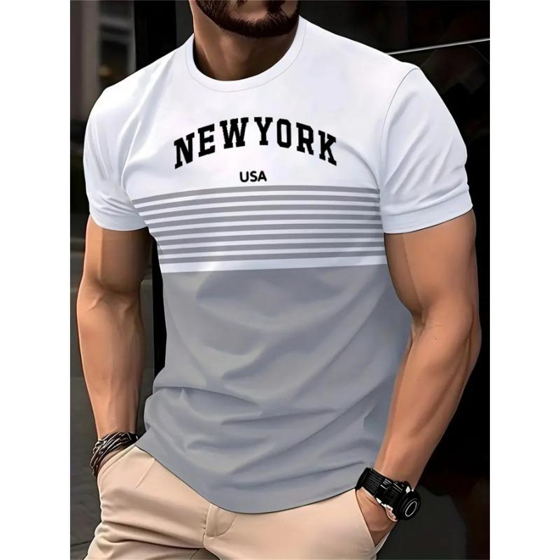 

Men s Oversized 3D New York Text & Striped T-Shirt - Summer Casual Short Sleeve Shirt with Asymmetrical Stripe & 3D Lettering S