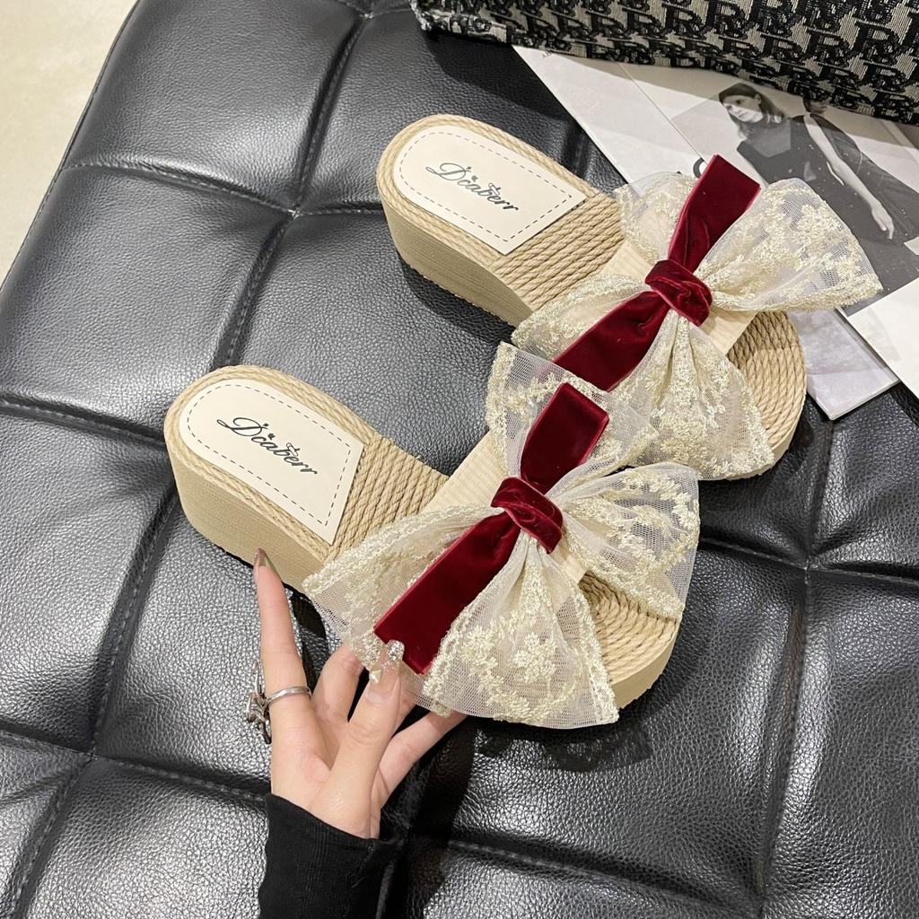 Slippers women's fashion versatile bow thick bottom slope heel slippers women wear cool slippers 2025 summer