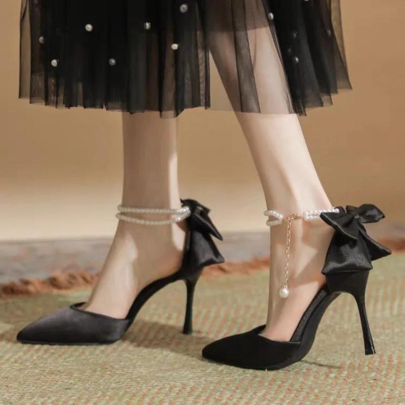 Fashion New Women Thin Heel Hollow Sandals Woman Pearl Butterfly Pointed Toe High Heels Womens Shoe Wedding Shoes