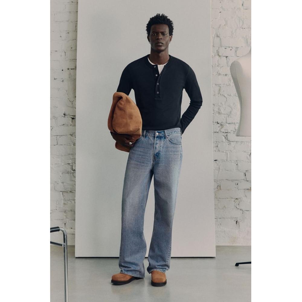 H M Ribbed Linen Blend Henry Top Black