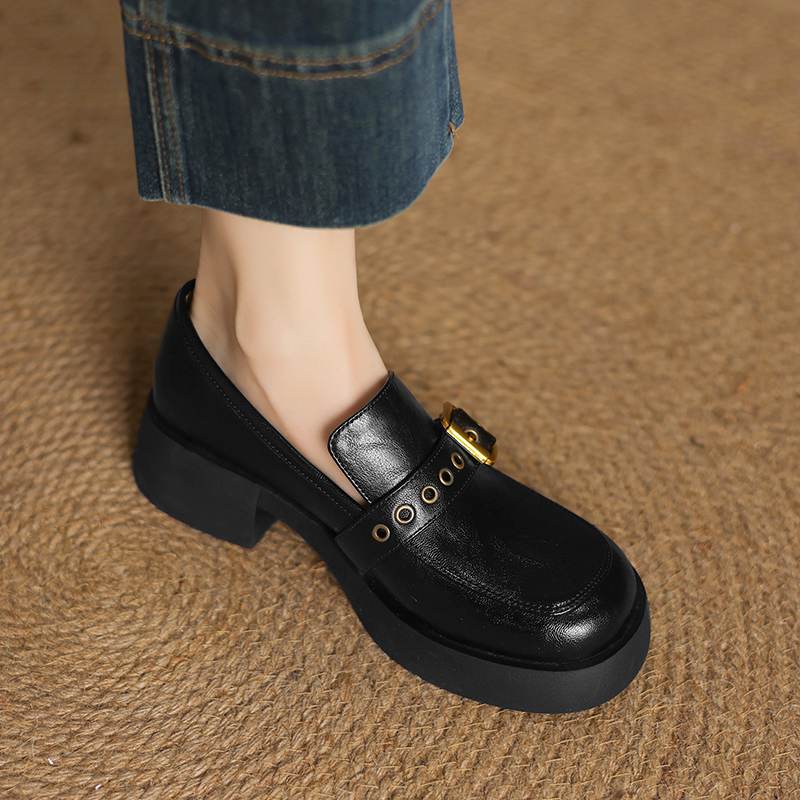 Krazing Pot Cow Skin Autumn Winter Shoes Chunky Heels Size 43 Size 42 Round Toe Slip on Metal Buckle Deep Mouth Pumps