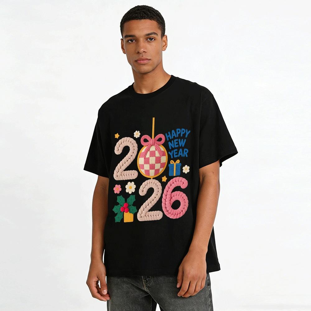 2026 Happy New Year Knit Style Print Casual Top Pure Cotton T-shirt