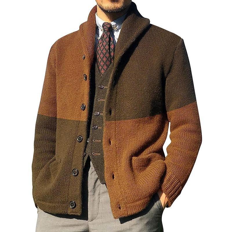 Herren Strick Cardigan Color Block Revers Lockerer Schnitt Langarm Pullover