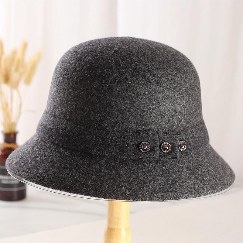 New button noble hat women's British retro dome basin hat autumn and winter short brim old wool top hat