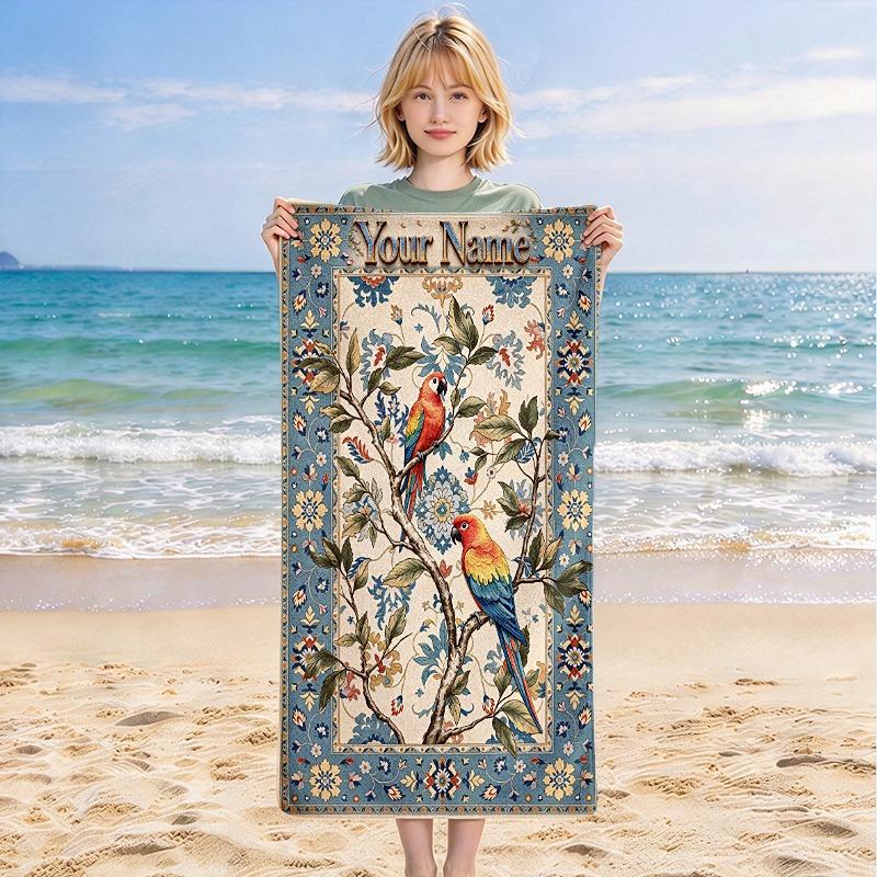 Custom Name Floral Parrots Quick-drying, highly absorbent beach towel,suitable for the beach, pool, gym, and travel.Sports sweat towel Convenient and