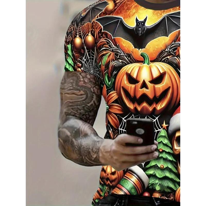 Men's Halloween Pattern Printed T-shirt Sports Short Sleeved Crew Neck T-shirt for Summer Outdoor Fitness Workout Men's Clothing