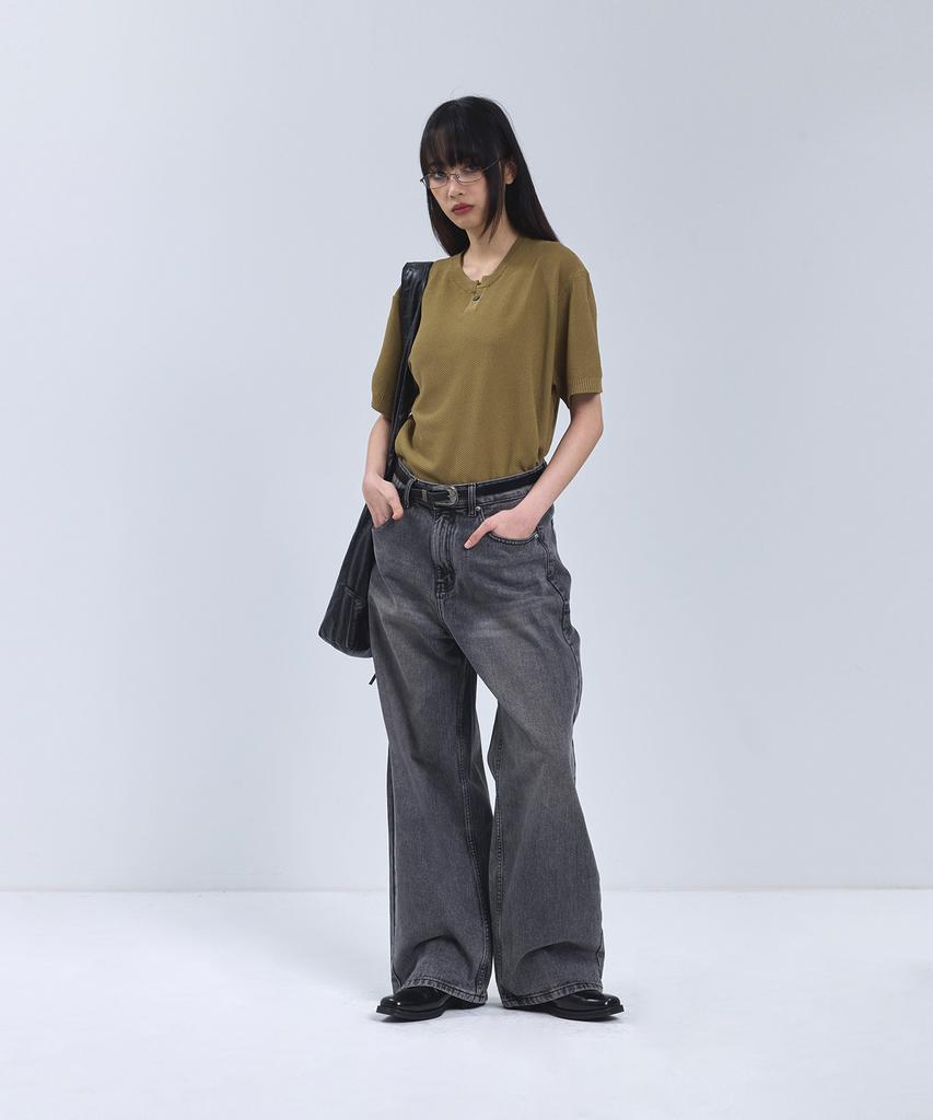 IRONYPORNO WHITELINE 86-Iro355 Basic One-Button Round Short Sleeve Knit Khaki Brown