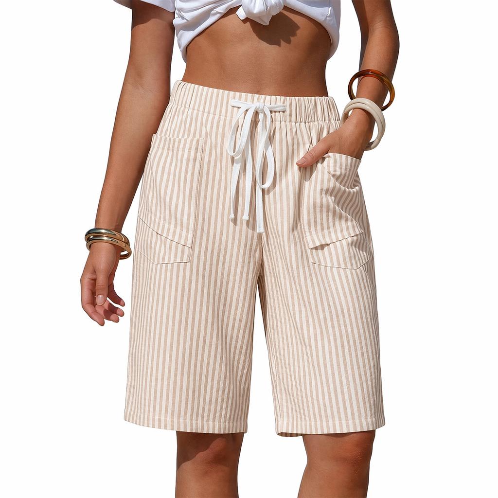 Women's Casual Summer Vacation Striped Shorts Elastic Waistband with Drawstring Pockets Loose Fit Comfortable Beachwear
