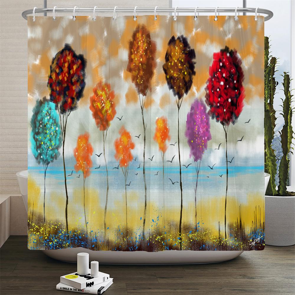 3d Watercolor Tree Shower Curtain Plant Floral Pattern Printed Fabric Waterproof Polyester Bathroom Curtain Decor With Hooks