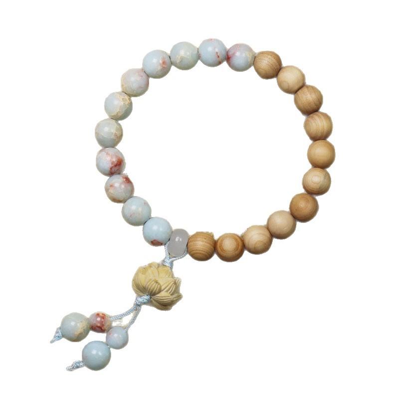 Cypress Wood 8mm Lotus Prayer Beads Bracelet with Shoushan Stone, Women’s Ethnic Style Simple Jewelry Gift