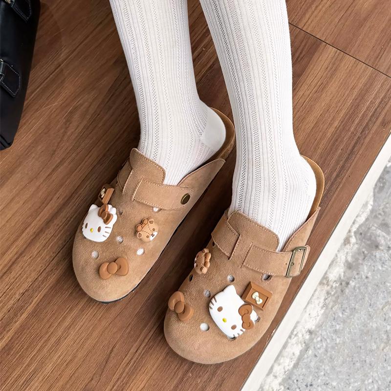 Sanrio × Hello Kitty Black Hawaiian Kitty Summer Slip-On Shoes Cute Cartoon Cork Women Shoes ST253427D