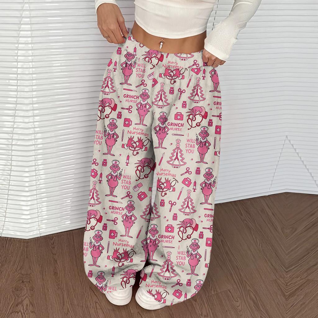Women's Casual Christmas Print Elastic Waist Loose Fit With Plush Wide Leg Pants