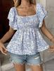 European and American Floral Square Collar Top, Double-layer Lotus Leaf Waist Loose Leisure Vacation Versatile Short Sleeves