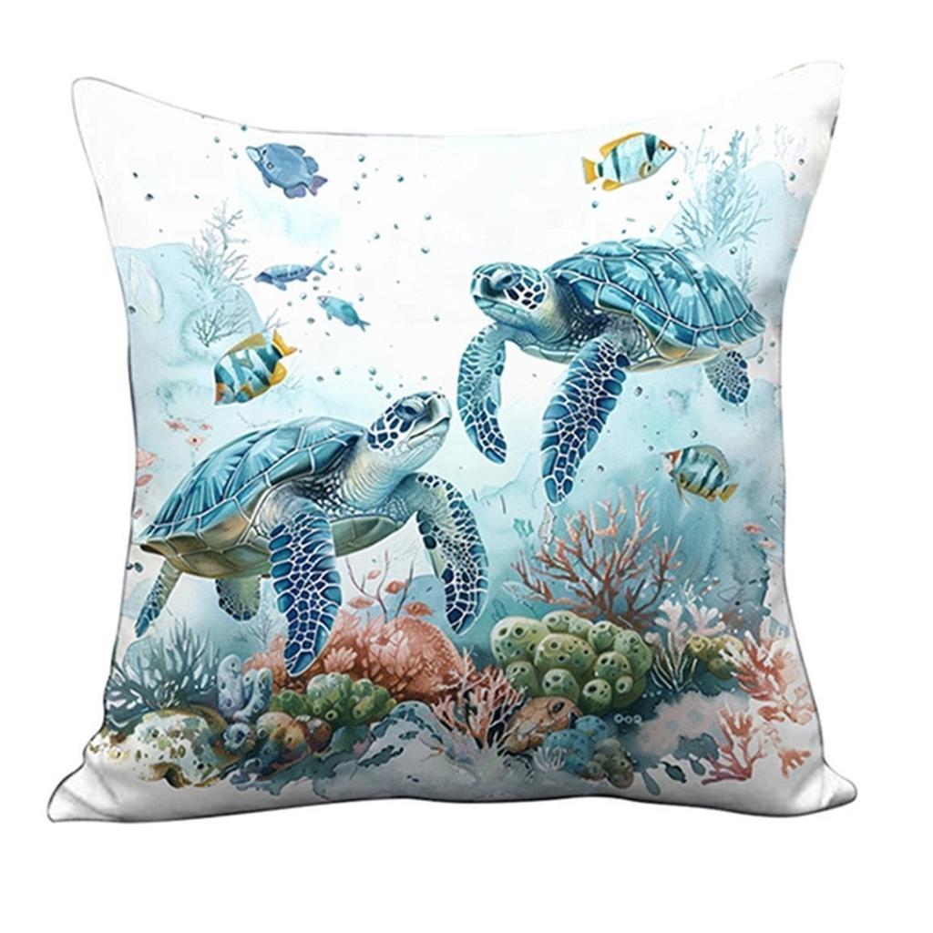 Home Decor Oceanic Creatures: Seahorses, Starfish & Turtles Pattern Cushion Cover Suitable for Sofa Bedroom Car Pillow Cover