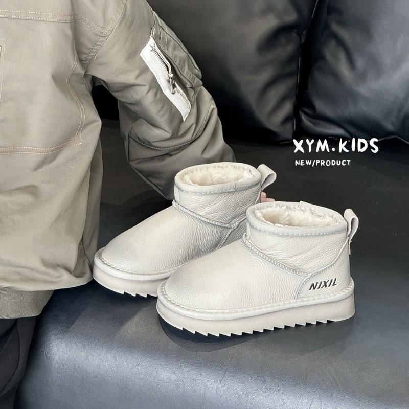 Kids Winter Snow Boots Boys Girls Genuine Leather Ankle With Warm Cotton Lining Anti-Slip TPR Sole