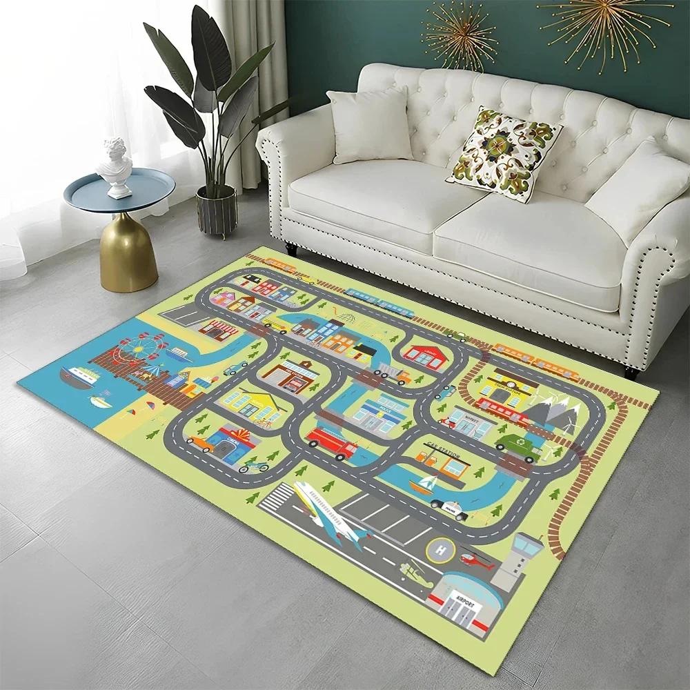 Highway City Kinderspielmatte Verkehr Spielzimmer Teppich Teppich für Zuhause Wohnzimmer Schlafzimmer Fußmatte Dekor, Bereichsteppiche Rutschfeste Bodenmatte