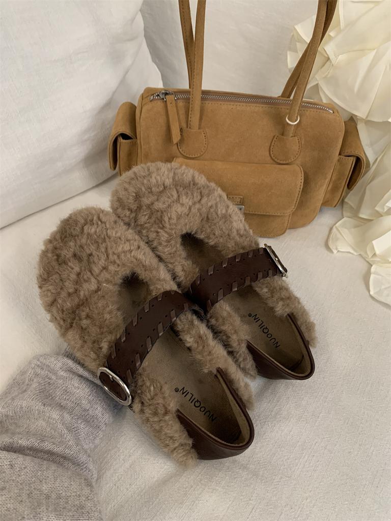 2025 winter new round head velvet flat Mary Jane shoes warm lazy versatile fluffy shoes