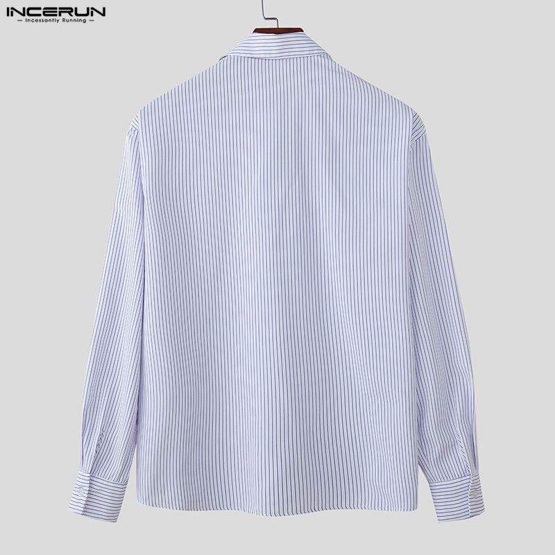 INCERUN Men Lapel Neck Long Sleeve Striped Button Up Casual Shirts Tops