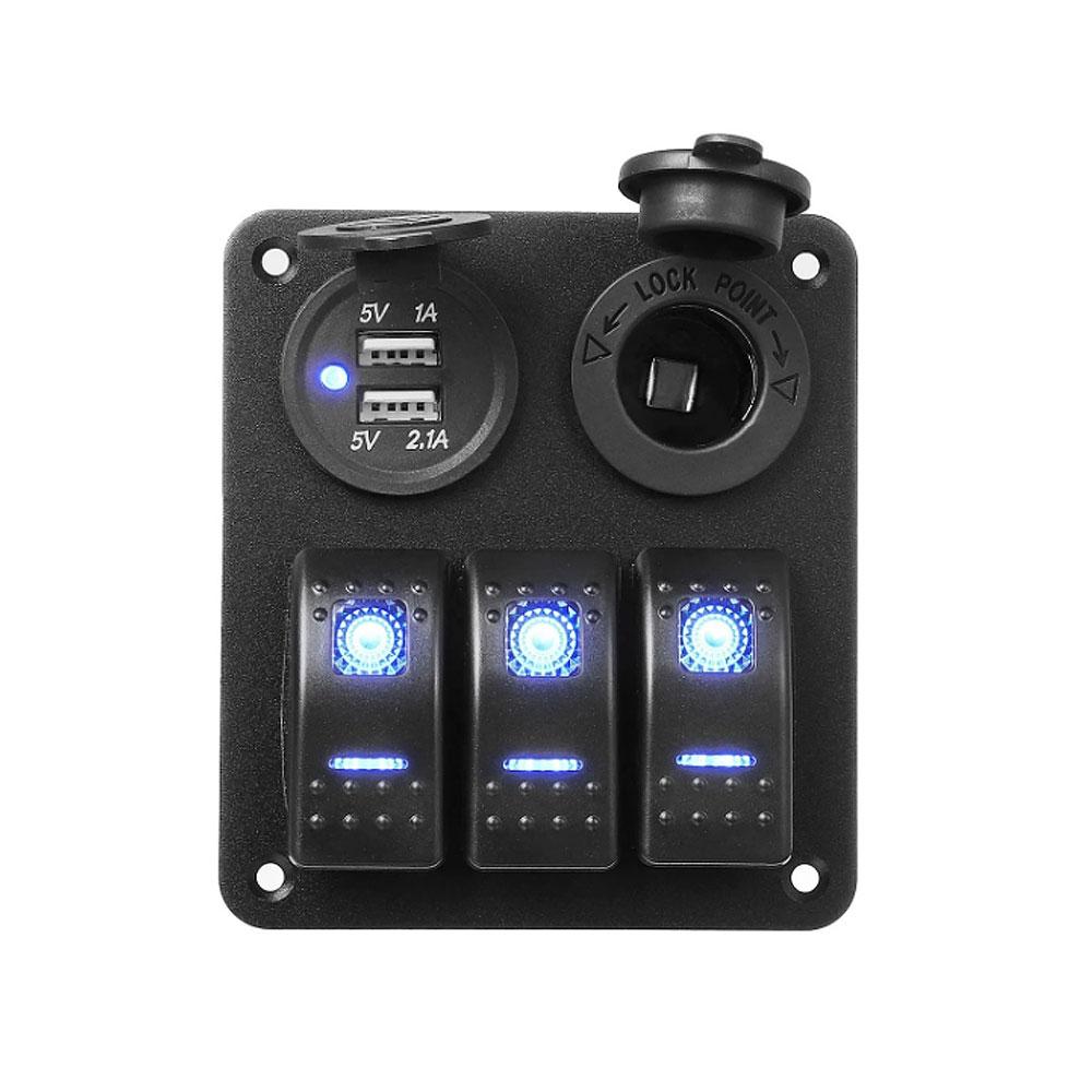 3 Gang 12V/24V LED Rocker Switch Panel Dual USB Port Cigarette Lighter Socket ON Off Switch Panel for Cars Rvs Boats Yachts