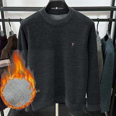 High-end Designer Autumn Winter Men's Embroidery Sweater Thickening Fashion Round Neck Plush Velvet Knitwear Pullover