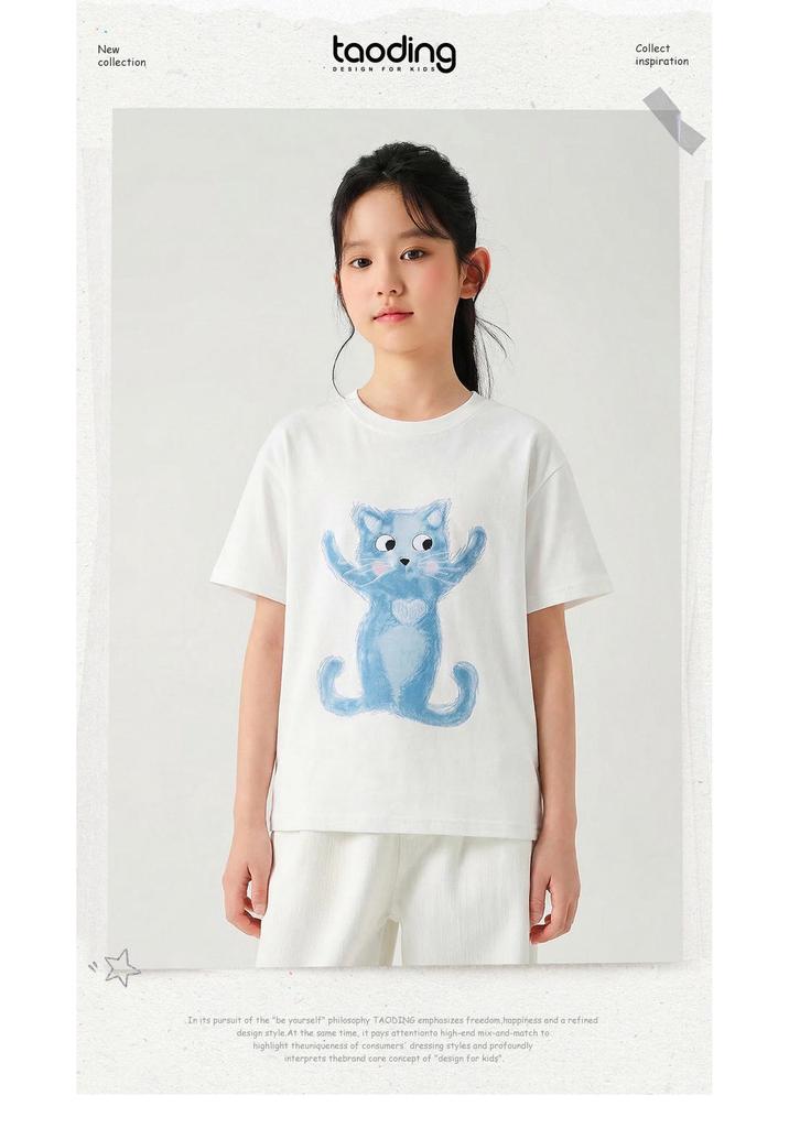 Girls' White Cartoon Cat Loose-Fit Round Neck T-Shirt
