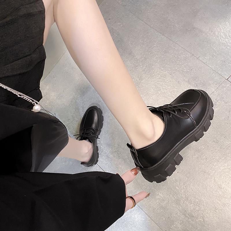 Small leather shoes autumn new lace-up black platform muffin single shoes women